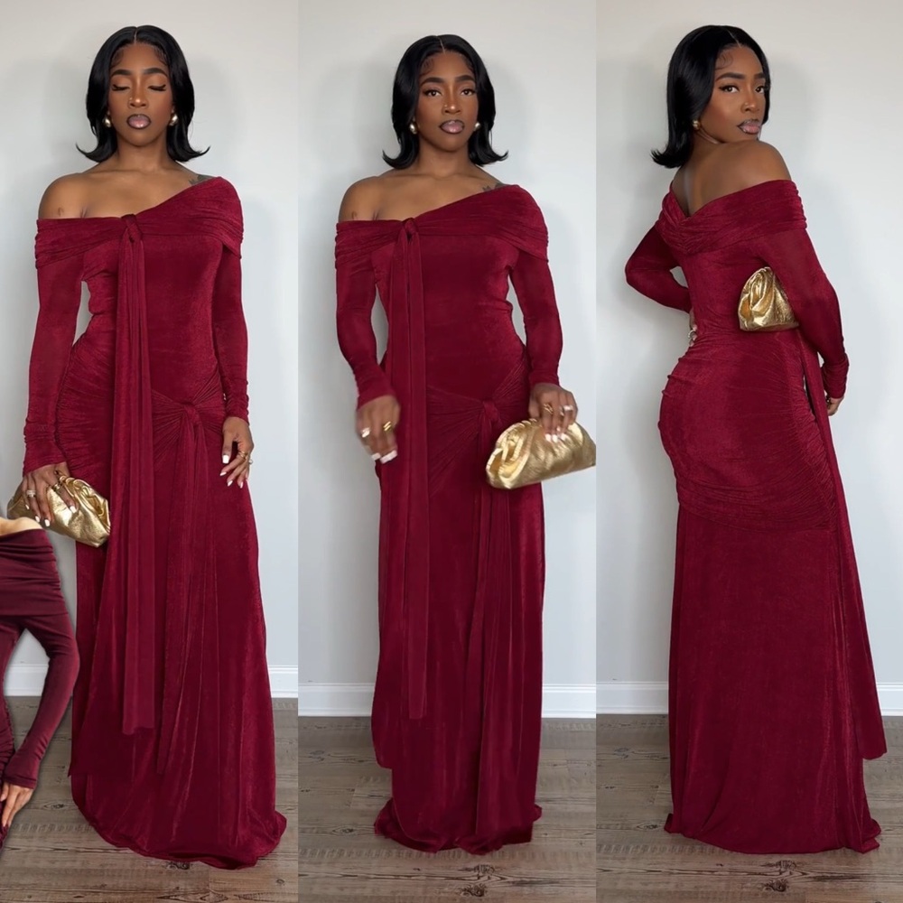 Off-Shoulder Burgundy Velvet Evening Gown